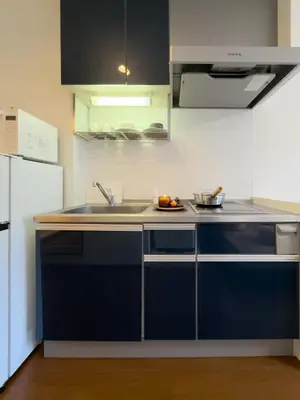 a kitchen with blue cabinets and a sink at ISSHUKU NOMA\u6c60\u888bII 302 - Quad Room in Tokyo