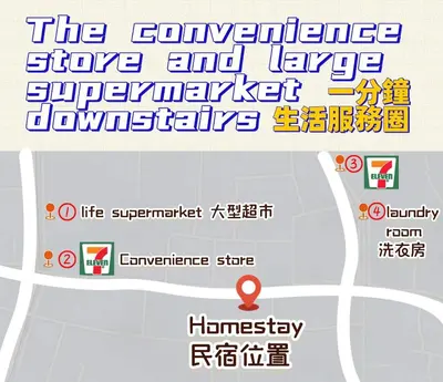 a map of the convenience store and large supermarket townships at 102Room,7-minute walk from Uguisudani Station located on the 1nd floor of an apartment-style building Twin room No elevator in Tokyo