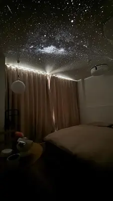 a bedroom with a bed and a star ceiling at Moon Base Tokyo Inn in Tokyo