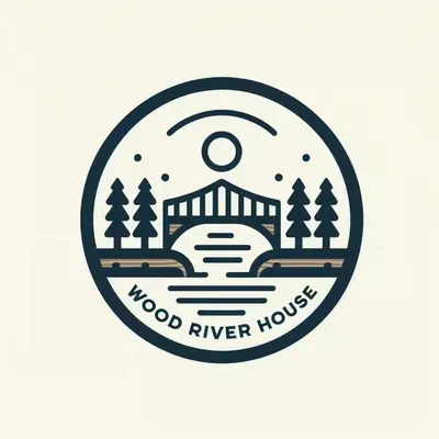 a logotype of a wood river house with trees and the moon at Wood River House \u9580\u524d\u4ef2\u753a\u99c5 \u6728\u5834\u99c5 in Tokyo