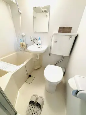 a small bathroom with a toilet and a sink at 1min from station Hokusai and 2F nice view 2DK 30min from Tokyo station convenience store 30sec onsen 10min Haneda 55min in Tokyo