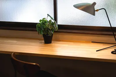 a desk with a potted plant and a lamp at 200 m2 Modern Japanese style private 6LDK House in Tokyo