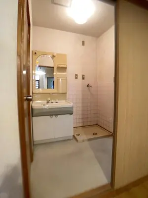 a bathroom with a sink and a mirror at Nekoones Shinkoiwa 1F-\u30cd\u30b3\u30ef\u30f3\u30ba\u65b0\u5c0f\u5ca91F in Tokyo