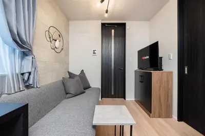 a living room with a couch and a tv at Bijou Suites Zephyr in Tokyo