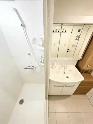 a bathroom with a sink and a shower at Opening in December ,Riverside stay,to Narita Airport ,Shinjuku in Tokyo