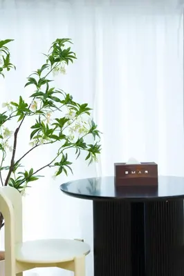a table with a plant sitting next to a white chair at Hotel ONE in Tokyo