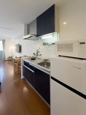 a white kitchen with a sink and a microwave at ISSHUKU NOMA\u6c60\u888bII 203 - Quad Room in Tokyo