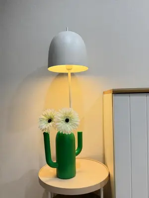 a table with a lamp and a green cactus with flowers at C&H 5丁目B1ｆ in Tokyo