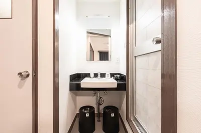 a bathroom with a sink and a mirror at Tourist Hotel New Aoki \u89b3\u5149\u30db\u30c6\u30eb \u30cb\u30e5\u30fc\u9752\u6728 in Tokyo
