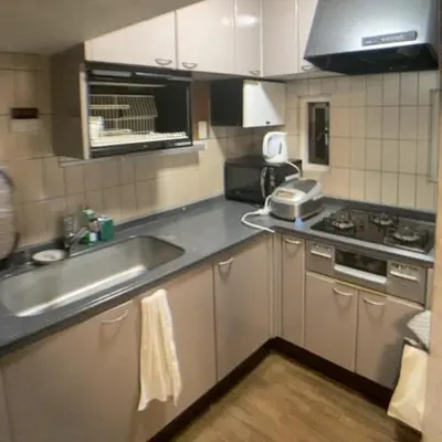 a small kitchen with a sink and a stove at Nekoones Shinkoiwa 2F Guest House-\u30cd\u30b3\u30ef\u30f3\u30ba\u65b0\u5c0f\u5ca92F \u30b2\u30b9\u30c8\u30cf\u30a6\u30b9 in Tokyo