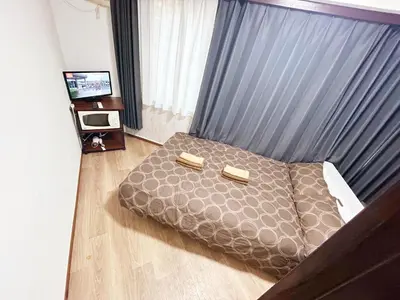 a bedroom with a bed with a blue curtain at Shinmei Tokyo Omori in Tokyo