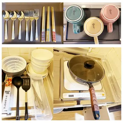 a kitchen drawer filled with utensils and a pan at Shinmei Tokyo Omori in Tokyo