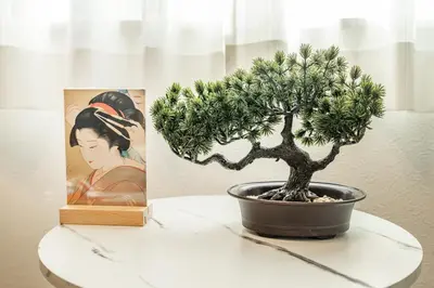 a small pine tree in a pot next to a picture at Shinjuku Area Top-Tier Luxury, 4 min Walk to Station, Stay in a Traditional Japanese Beauty Ukiyo-e Art Villa, Shinjuku 13 min, Sleeps 8, Entire New 3BR House, 60sqm, Free Parking, Roppongi and Tsukiji direct access in Tokyo