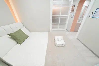 a living room with a white couch and a pillow at B1 Shibuya, 4 bedrooms and 1 living room 2 bathrooms 2 toilets, 7 mins to ST Max 8P \u6e0b\u8c37\u5168\u65b0\u88c5\u4fee \u56db\u5ba4\u4e00\u5385 \u4ea4\u901a\u4e2d\u5fc3 \u8f66\u7ad97\u5206\u949f \u6700\u59278\u4eba \u76f4\u8fbe\u65b0\u5bbf \u6d89\u8c37 \u8868\u53c2\u9053 \u54c1\u5ddd \u6c60\u888b \u4e0a\u91ce \u4ee3\u4ee3\u6728 \u94f6\u5ea7 \u539f\u5bbf in Tokyo