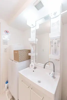 a bathroom with a sink and a mirror at Crecer Apartment Hotel kamata in Tokyo