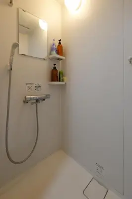 a bathroom with a shower and a sink and a mirror at Tokyo My Home 1 in Tokyo