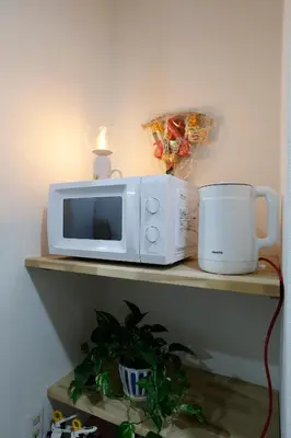 a microwave and a toaster oven on a shelf at Tokyo My Home 201 in Tokyo