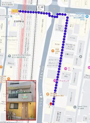 a map of a street with purple dots on it at 3 min from Shin-Okubo l Family Room for 4 in Tokyo