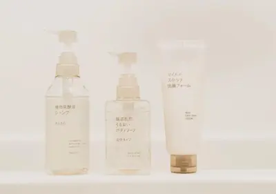 a group of three bottles sitting on a shelf at Alice JueQie 1minute walk to Horikiri Station ,Super convenient transportation ,Direct access to Narita Airport , Drugstore, convenience store, and shopping center downstairs in Tokyo