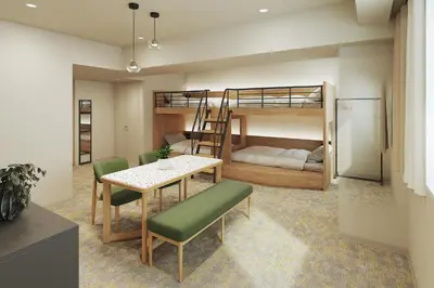 a room with a dining table and a bunk bed at WAYPOINT TSUKIJI Tokyo in Tokyo