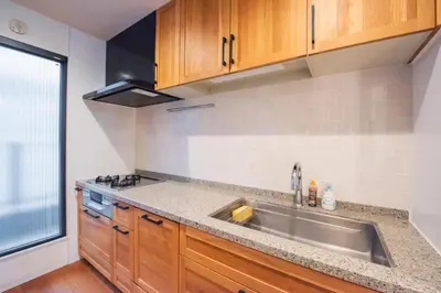a kitchen with a stainless steel sink and wooden cabinets at Hatagaya Honmachi house \u6da9\u8c37-SY0488 in Tokyo