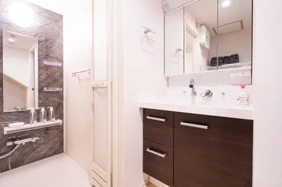 a bathroom with a sink and a shower at Sunbright Asakusa 101 in Tokyo