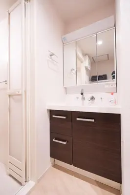 a bathroom with a sink and a mirror at Sunbright Asakusa 101 in Tokyo