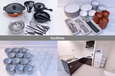 two pictures of a kitchen with plates and utensils at VicoloHouse\u5343\u4f4f\u5927\u6a4b,Family Friendly New House,Near Skytree,12 Guests in Tokyo