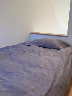 a bed with a blue comforter and a pillow at 15 min to Shinjuku, 4 min walk to nearest station, quiet brand-new residence in Tokyo