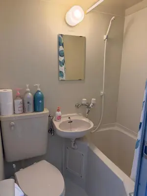 a bathroom with a toilet and a sink and a shower at Kinjiro Hotel in Tokyo