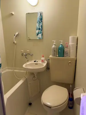 a small bathroom with a toilet and a sink at Kinjiro Hotel in Tokyo