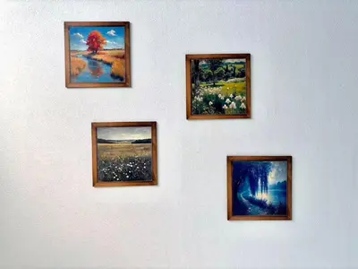 a group of paintings on a white wall at F2-Shibuya center 8mins to ST-Max 5P-\u4e58\u7535\u8f664mins\u53ef\u76f4\u8fbe\u65b0\u5bbf-\u5df4\u58eb\u76f4\u8fbe\u6e0b\u8c37\u516d\u672c\u6728\u94f6\u5ea7 in Tokyo