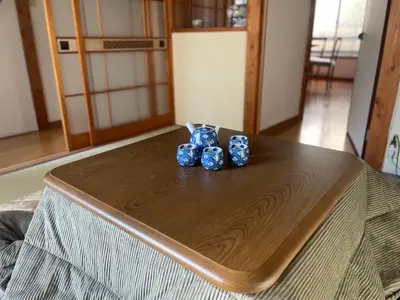 two blue crystals sitting on top of a wooden table at \u767d\u3044\u5bb6\u5e83\u5c3e in Tokyo