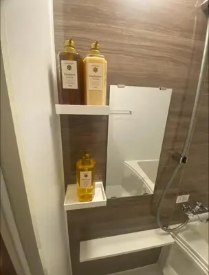 two bottles of soap sitting on shelves in a bathroom at Nexus Vill Morishita in Tokyo