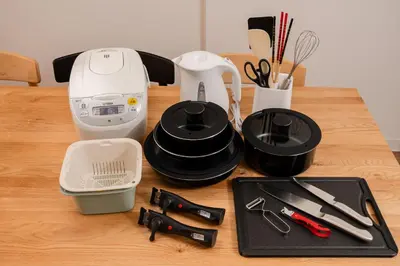 a counter with a blender and other kitchen utensils at Hikihune Stay in Tokyo