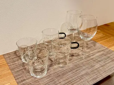 a group of wine glasses sitting on a table at Minami-Magome # 101 in Tokyo