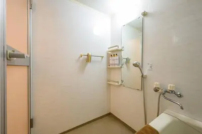 a bathroom with a shower with a mirror and a sink at Sakura Court Ebisu 101 in Tokyo
