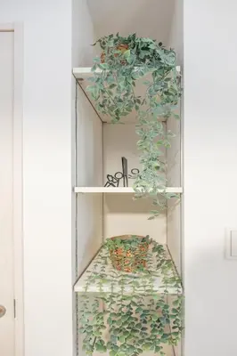 a shelf with a green plant on it at Skytree Area Top-Tier Luxury, 6 min Walk to Station,Stay in a Traditional Japanese Ukiyo-e Art Villa with Rooftop, 6 min to Tokyo Skytree, Sleeps 12, 99sqm New Build, Parking, Direct Airport Access, Tokyo Experience in Tokyo
