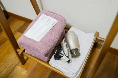 a shelf with a pink towel and a hair dryer at \u30d1\u30ec\u30f4\u30e9\u30f3\u30b7\u30e5 in Tokyo