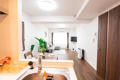 a kitchen with a sink and a living room at Sunbright Asakusa 201 in Tokyo