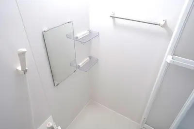 a bathroom with a mirror and a towel rack at 11AM out, Asakusa Base, 3F Skytree-View Rooms, Projector Mini Theater in Tokyo