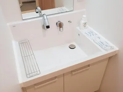 a bathroom with a white sink and a mirror at IGETA HOUSE Shibuya in Tokyo