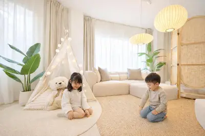 two children sitting in a living room with a teddy bear at Hotel Lien Tokyo2 in Tokyo