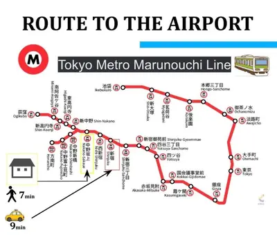 a map of route to the airport tokyo metro maromi line at \u65b0\u5bbf5\u5206\u5e83\u3005\u7a7a\u9593 in Tokyo