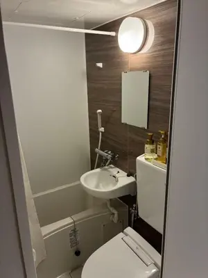 a bathroom with a white toilet and a sink at Komorebi Rill Hotel HANA in Tokyo