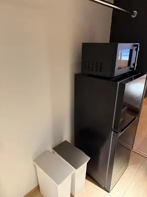 a microwave sitting on top of a black refrigerator at Komorebi Rill Hotel HANA in Tokyo