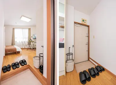 two images of a room with a room with a door at Mi-APT Honkomagome in Tokyo