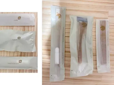 two pictures of a toothbrush in a box on a table at gjbbkoiwa in Tokyo