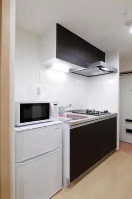 a white kitchen with a stove and a microwave at LIFE TOWN Kameari in Tokyo