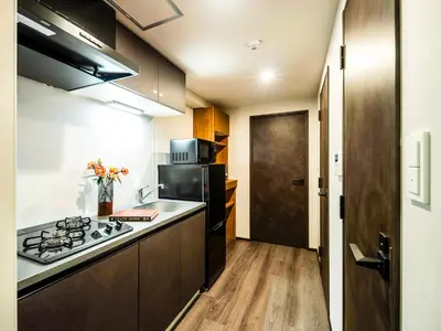 a kitchen with a sink and a stove top oven at Section L Akihabara in Tokyo